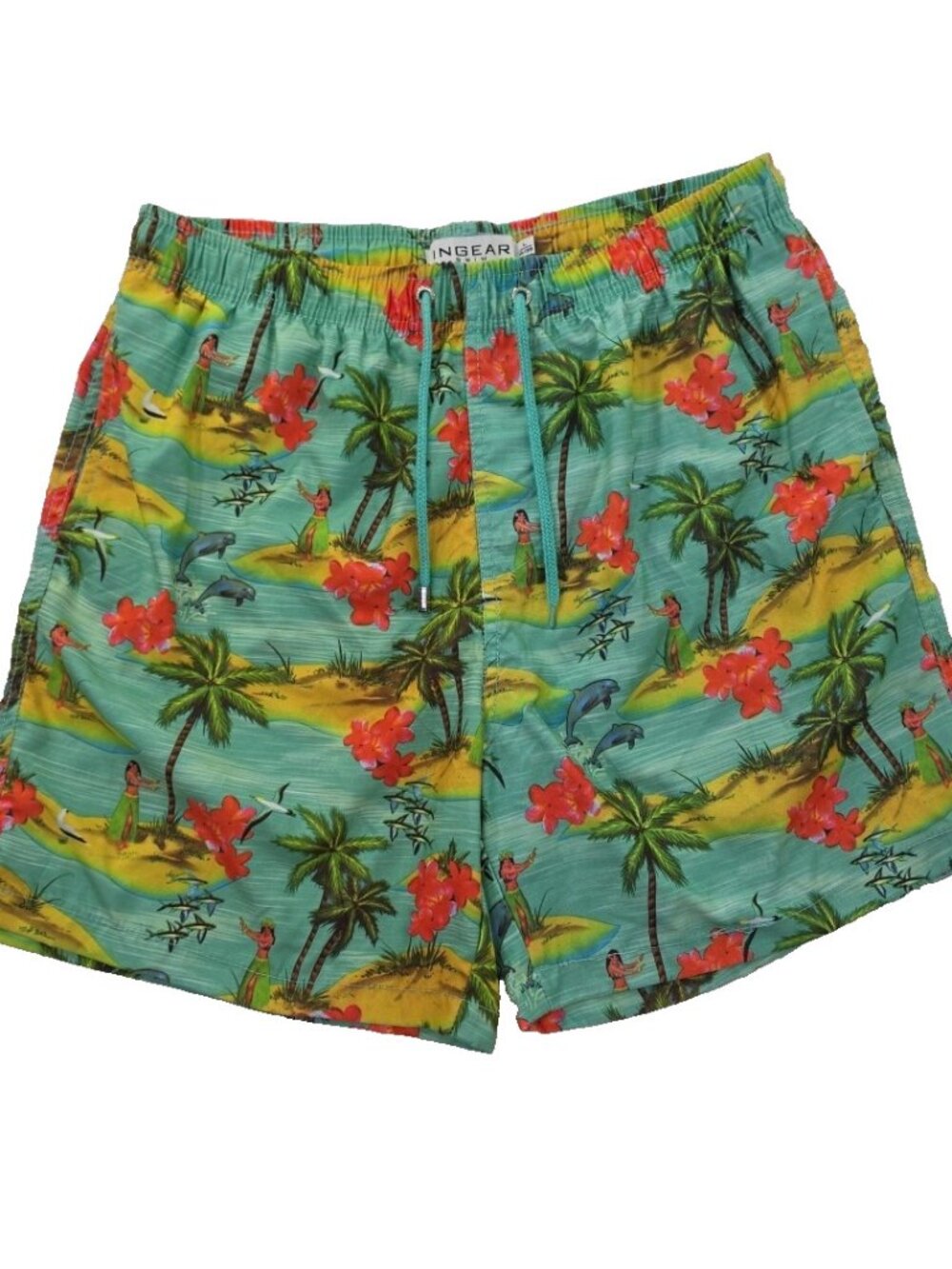 Ingear Hawaiian Swim Shorts Mens L (36-38) Lined Elastic Waist 5" Inseam Classic